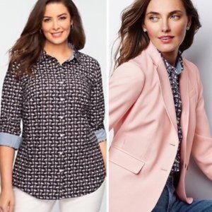 Talbots Swan Button Down Top Blouse Roll Tab Sleeves Navy 10